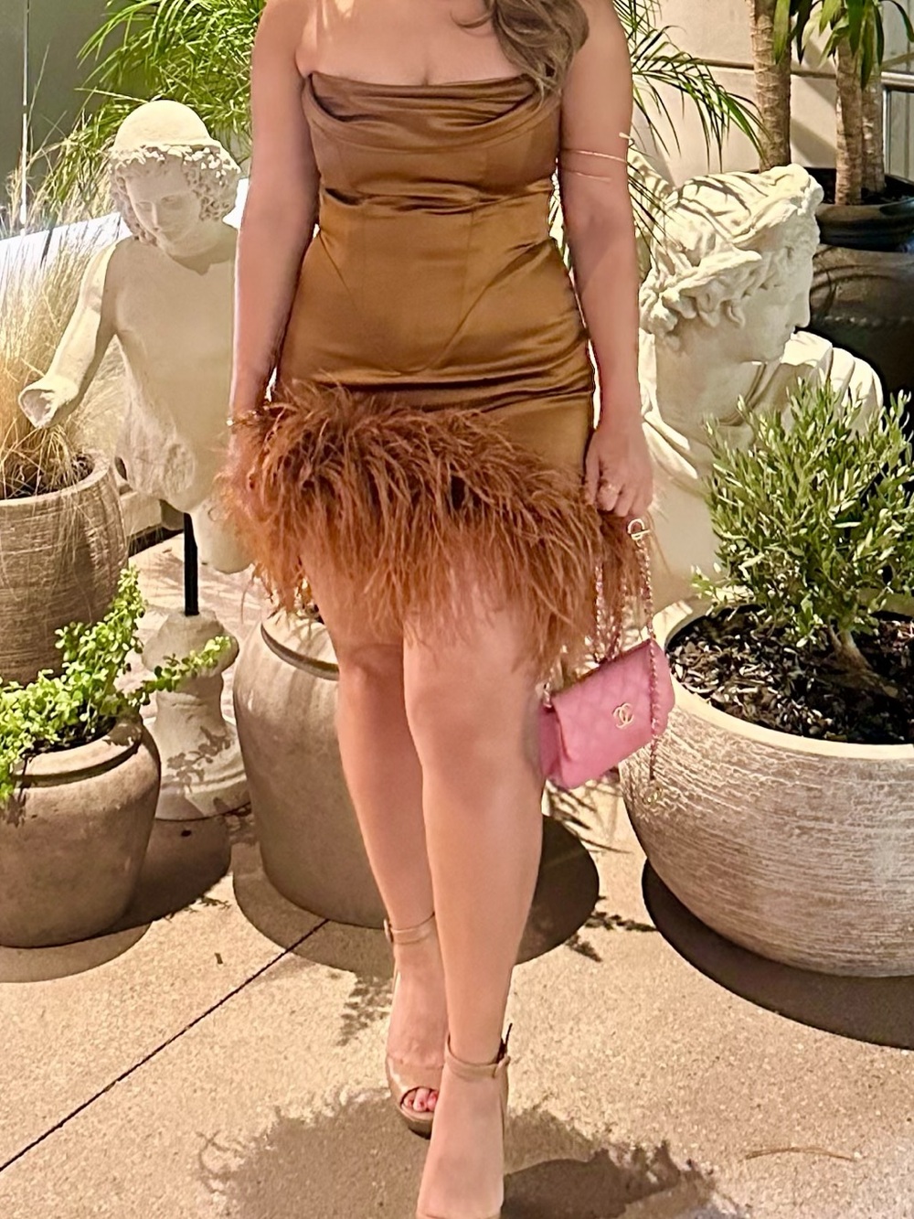 Brown Satin Mini Dress with Feather Hem